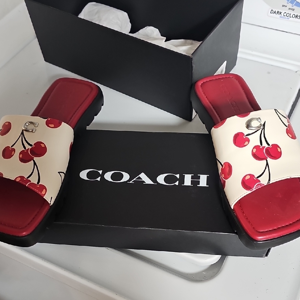 Coach Cherry Print Red and Cream Slide Sandals - Picture 5 of 10